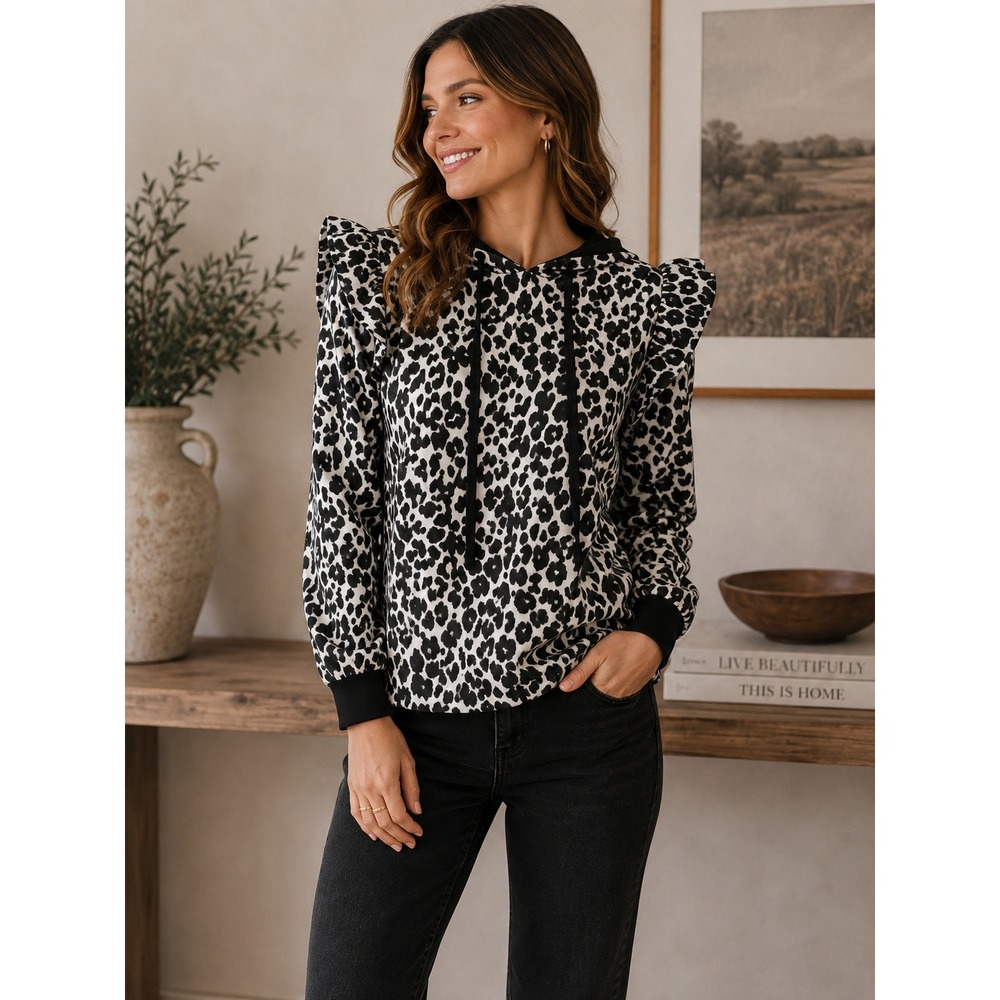 Sandy Liang Hoodie Women XS Black White Leopard Ruffle Shoulder Gorpcore